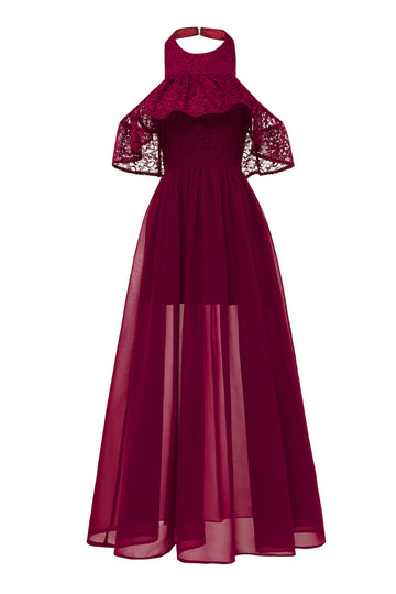 Vestido Vintage Halter Tul Burdeo Encaje